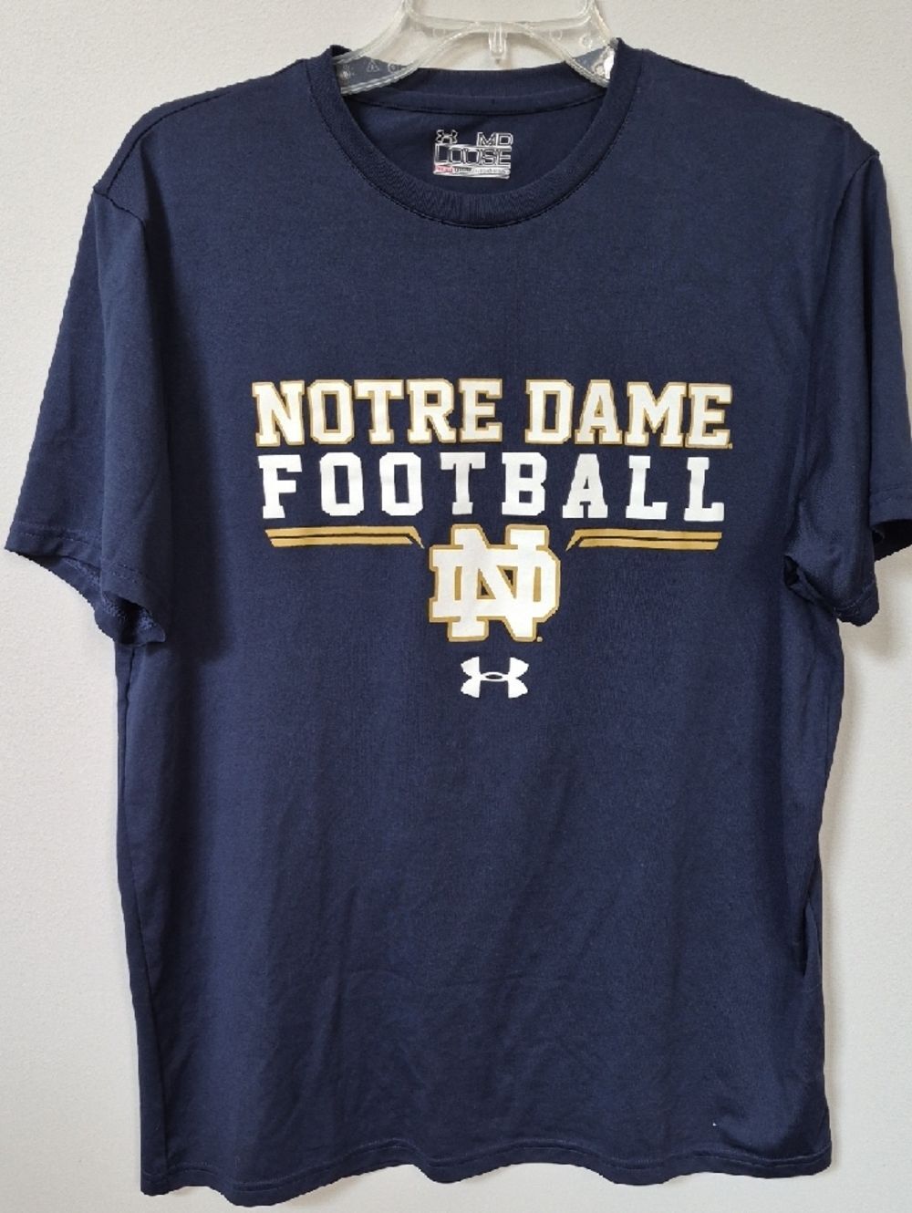 NCAA Under Armour Shirt Mens M Heat Gear Notre Dame Football Logo Tee Navy